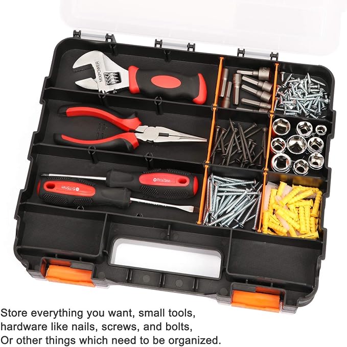 Mayouko Double Side Tools Organizer, Customizable Removable Plastic Dividers, Hardware Box Storage, Excellent for Screws,Nuts,Small Parts, 34-Compartment, Black/Orange,12.6"L x 10.6"W x 3.2"H