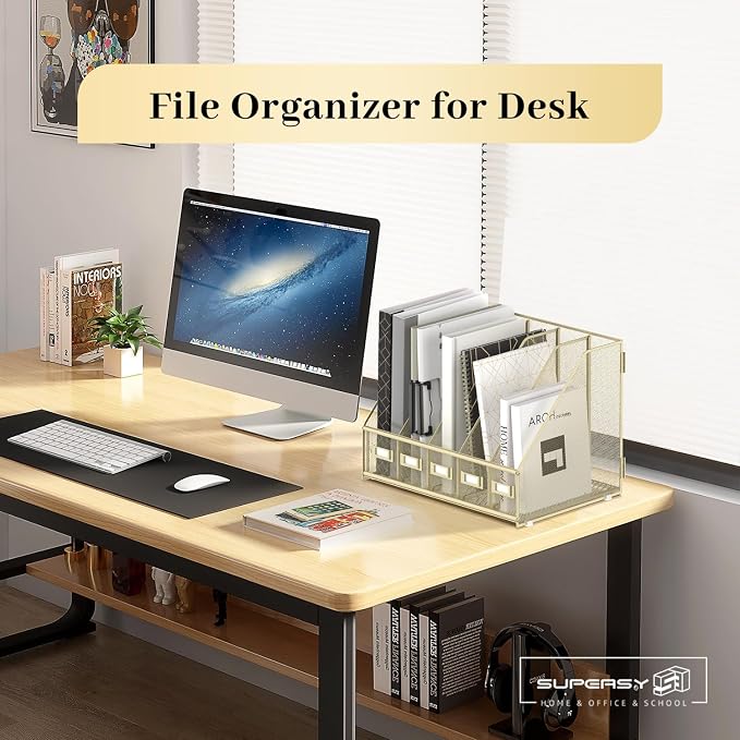 SUPEASY Desk Organizers Metal Desk Magazine File Holder with 5 Vertical Compartments Rack File Organizer for Office Desktop, Classroom, Home Workspace, Golden Yellow