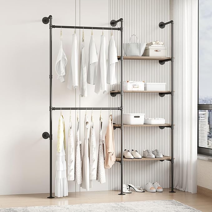 Industrial Pipe Clothing Rack | Hanging Rods Clothes Rack with Shelves, Clothes Rack for Wardrobe, Corner Closet System for Walk in Closets