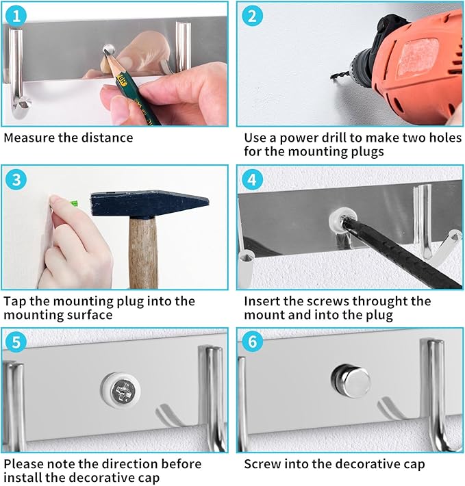 Coat Rack Wall Mount, 2Pack 6 Hooks Stainless Steel Towel Hooks | Easy-to-install 6-hook wall-mounted hooks suitable for bathrooms, kitchens and garages