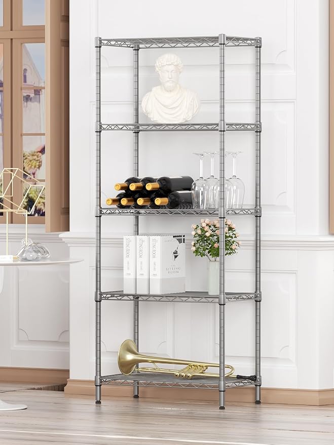 SINGAYE 5 Metal Shelves Wire Shelving Storage Shelf Adjustable Unit Pantry | 5 Tier Kitchen Laundry Room Organization Home Pantry Closet Bathroom Organizers Garage Rack 12" D x 22" W x 59" H Gray