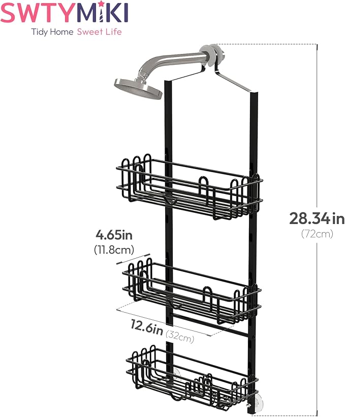 SWTYMIKI Shower Caddy Hanging Organizer - 3-Tier Rustproof Shower Organizer Over Showerhead with Adjustable Baskets, 24 Hooks, Soap & Razor Holder - No Drill Large Bathroom Storage Rack, Black