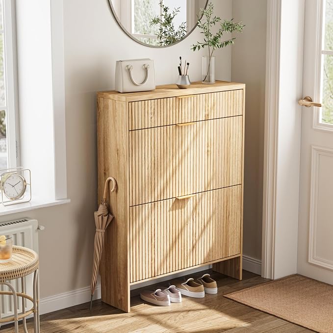 Fluted Shoe Cabinet Storage with 2 Flip Drawers & 1 Drawers, Wood Narrow Hidden Shoe Cabinet with Adjustable Shelf for Entryway, Freestanding Slim Shoe Rack Organizer for Foyer Hallway Living Room