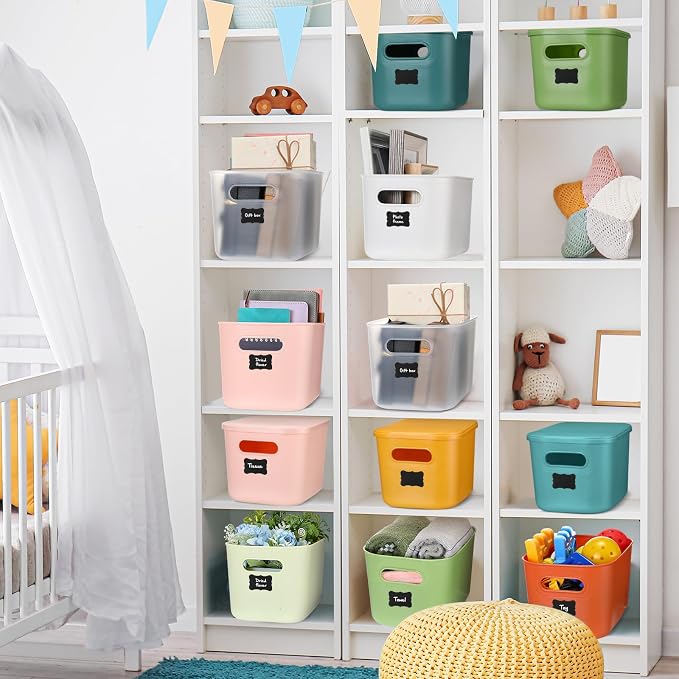 Thyle 12 Pack Colorful Plastic Storage Bins with Lids 7 Quart Toy Storage Box Stackable Nestable Organizer Boxes with Handle and Labels for Classroom, Shelf, Bedroom, Desktop, Toys, School Supplies