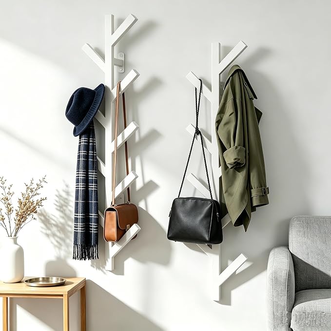 Vlush 2Pack Wall Mounted Coat Rack - 9 Hooks, Modern Metal Design, for Hats, Coats and Bags - Suitable for Entryways and Bedrooms - White (37.9" Height)