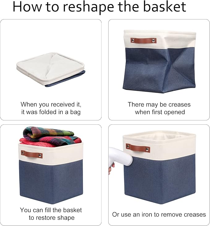 Univivi Fabric Cube Bins Set of 4 Storage Baskets with PU Handles for Home Closet Foldable Storage Bins (Blue, 10.5" x 10.5" x 11") | Hard Cardboard Bottom,Metal Frame,Foldable,PU Handles,Linen Closet Baskets for Shelves