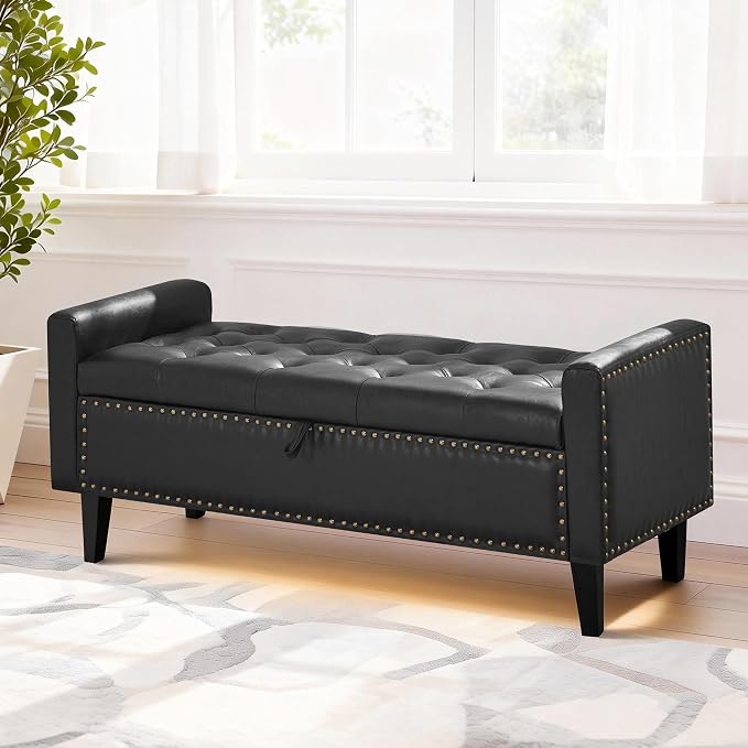 47'' Leather Storage Ottoman Bench, End of Bed Storage Bench with Wooden Legs, Upholstered Tufted Ottoman with Storage for Bedroom, Living Room, Entryway, Black