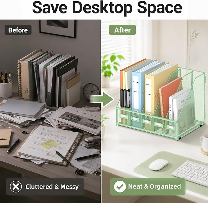 SUPEASY Desk Organizers Metal Desk Magazine File Holder with 5 Vertical Compartments Rack File Organizer for Office Desktop, Classroom, Home Workspace, Green, Plus