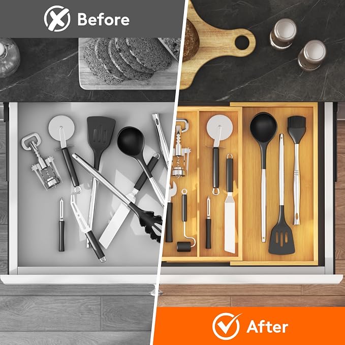Lifewit Utensil Organizer for Kitchen Drawer, Expandable Cooking Utensil Tray, Cutlery Silverware Flatware Holder, Wood Adjustable Spatula Tools Storage Divider, 8.9-15.8 x 15.75, Natural