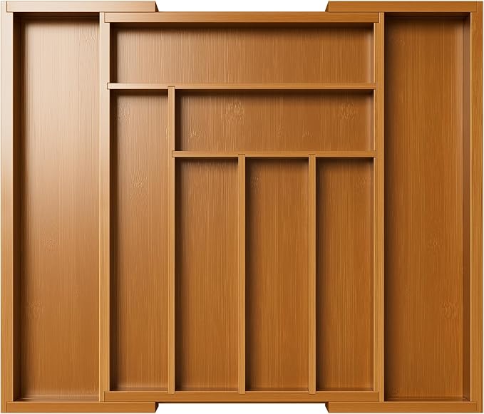 Pipishell Bamboo Expandable Drawer Organizer for Utensils Holder, Adjustable Silverware Organizer Cutlery Tray, Drawer Dividers for Utensils, Flatware, Knives in Kitchen, Bedroom, Living Room Brown