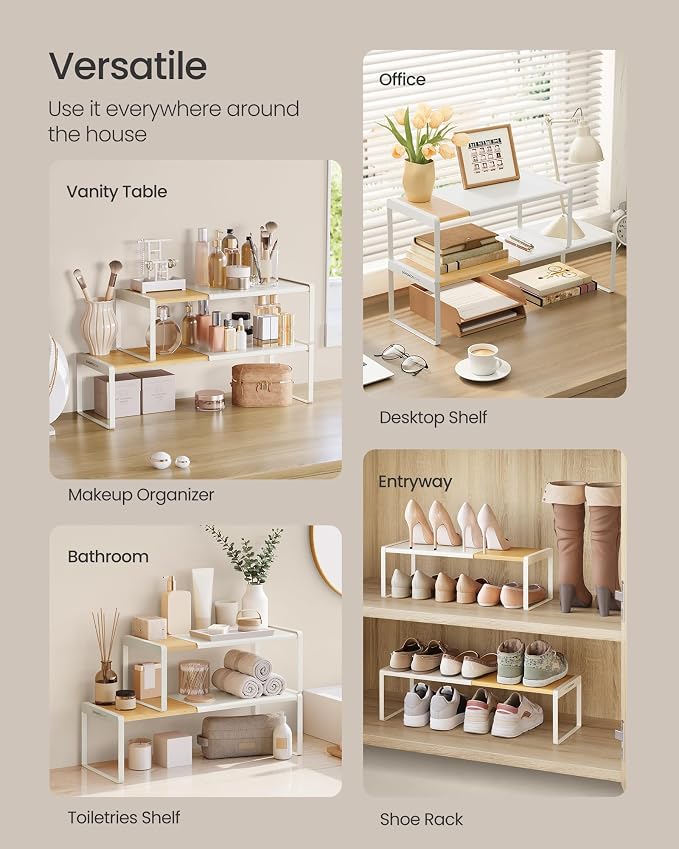 SONGMICS HOME Spice Racks, Expandable Cupboard Shelf Orgnizers, Kitchen Counter Shelves, Bamboo and Metal, Space-Saving Shelving, Stackable, Light Bamboo and Cream White UKCS051N01