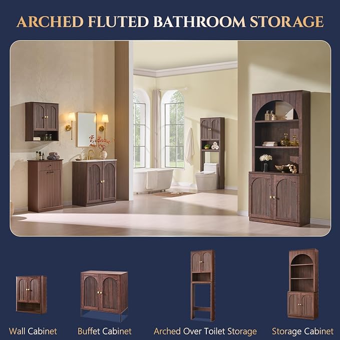 72" Over The Toilet Storage Cabinet, Modern Over Toilet Bathroom Organizer Shelf with Fluted Arched Doors, Wooden Free Standing Bathroom Storage Cabinet with Adjustable Shelf, Space Saver, Brown