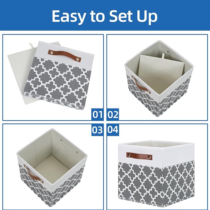 Temary 11x11x11 Cube Storage Bins Cube Organizer Bins 4 Pack Canvas Storage Bin for Home, Cube Storage Basket with Leather Handles(Grey Lattice)