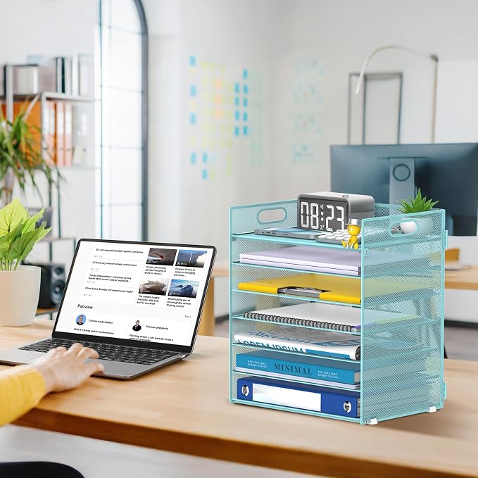 7 Tier Paper Organizer for Desk with Letter Trays & Handle Blue | Desk File Organizer with Handle for Sorting Papers, Files, Folders, Mail, Bills and Office Supplies