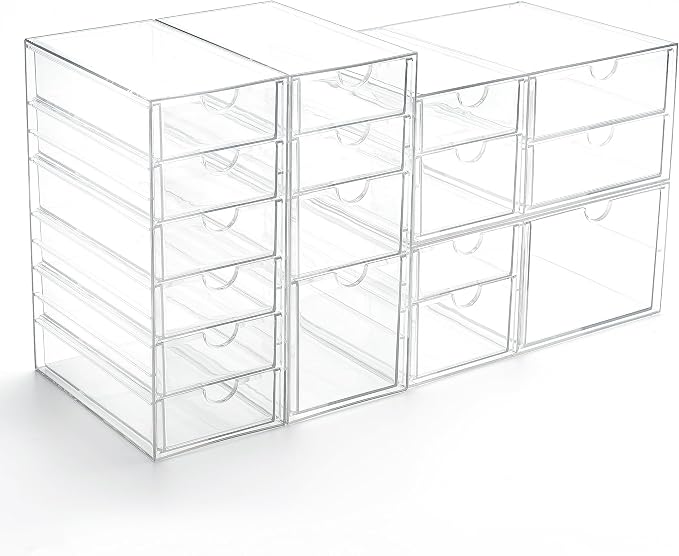 Prsildan 17 Drawers Teacher Toolbox Office Supply Organizer, Set of 4 | Clear Acrylic, Pull Out, Craft Desk Art Supply Accessories Vanity Countertop Bathroom Kitchen Cabinet Makeup Storage