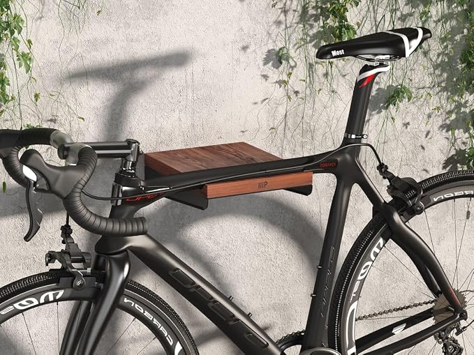 Monoprice On-Wall Bike Storage Mount and Display Rack with Open Walnut Top Shelf, Compact Sturdy Design Bike Storage, Bicycle Hanger