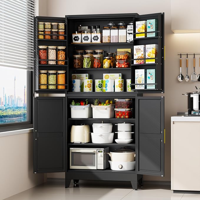 75" Tall Metal Kitchen Pantry Storage Cabinet, Freestanding Cupboard Storage Cabinet with 4 Doors and 4 Adjustable Shelves, Large Stand Up Food Cupboard for Dinning Room, Bathroom(Black)