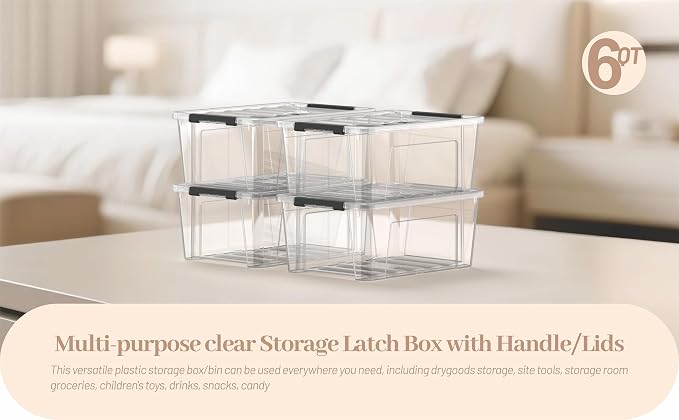Clear 9-Pack Plastic Storage Bins with Lids, 6 Quart Stackable Containers Organization with Latch Buckle
