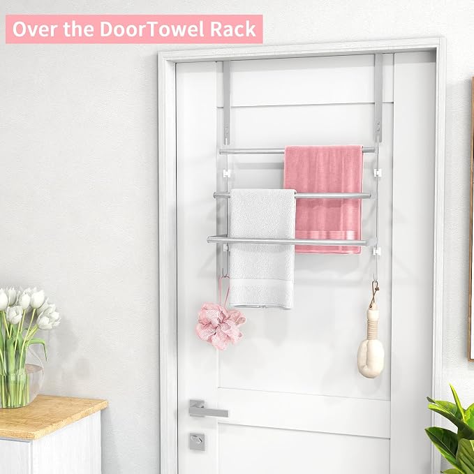 FLE Over The Door Towel Rack, Door Towel Bar, Brush Nickel | Over Door Design, Stainless Steel Door Towel Rack, Rust-Resistant; Space-Saving for Bathroom, Hangs Bath Towels