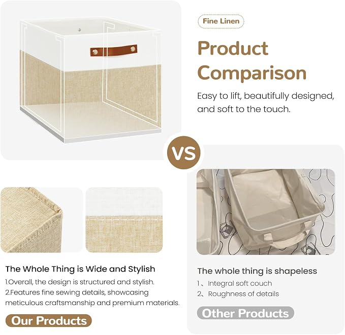 Patvingot 13-Inch Linen Storage Cubes with Labels and PU Handles,4 Pack | Roomy storage for blankets, sweaters and towels, reinforced bottom, contents stay easy to identify, folds flat when empty