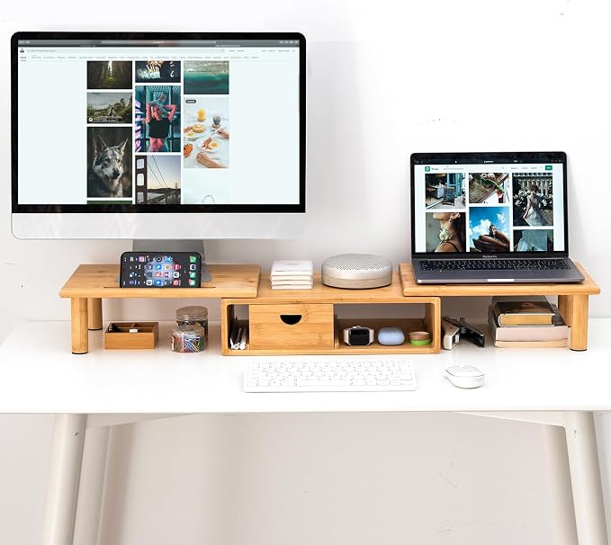 Dual Monitor Stand Riser with Drawer for Desk Laptop | Desk Shelf with Adjustable Length and Angle, Bamboo Computer Stand Riser for 2 or 3 Monitors Screen Laptop PC TV -Natural