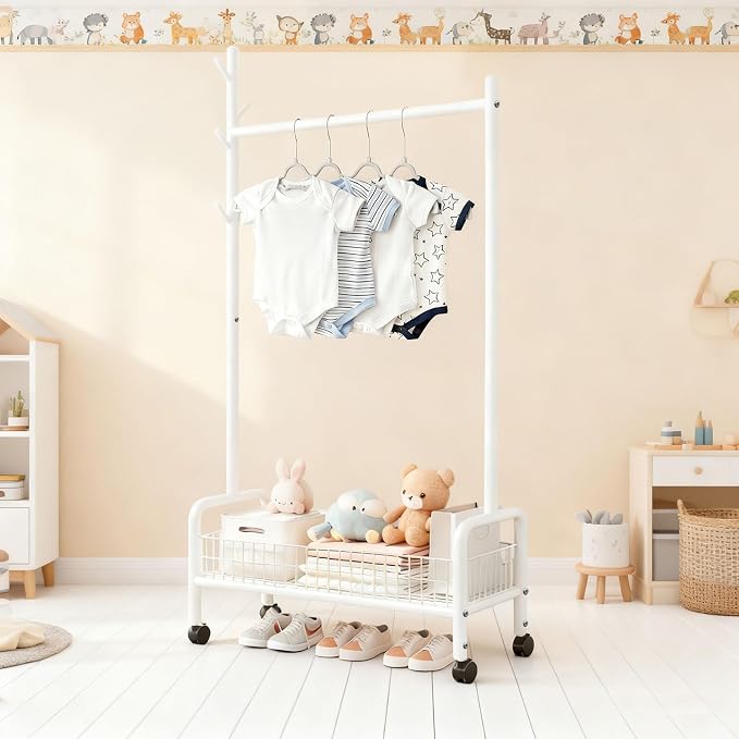 MYUPDALIN Clothes Rack with Shelves, Clothing Rack with Wheels, Multifunctional Hangers with Storage Baskets and Shoe Racks, Ideal for Bedrooms and Living Rooms