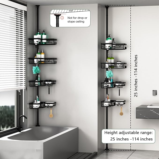 DAOYA Corner Shower Caddy Tension Pole 4 Tier Shower Caddy Organizer Black | Space Saver, 28 Hook, Soap Dish, Razor Holder, Rustproof, For Bathtub Bathroom, Floor to Ceiling 25-114 Inch, Simple Install