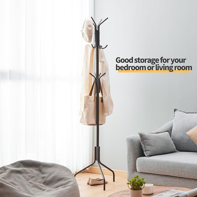 Coat Rack Freestanding,hat and coat rack stand for entryway,Living Room,Bedroom,Metal coat tree with12 Hooks and 3 Legs (Brown)