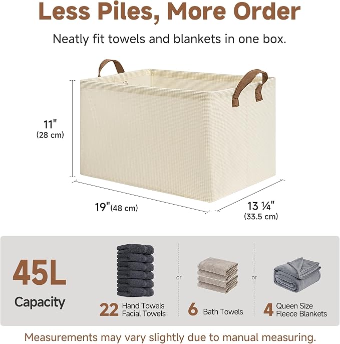 StorageWorks Storage Bins, Shelves Baskets for Organizing, 45L Extra Large Fabric Closet Organizers with Handles, Metal Frame, Beige-Texture, 2-Pack