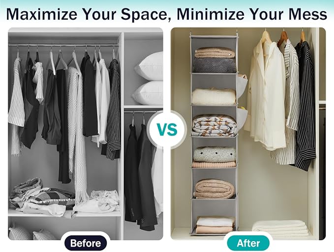 YOUDENOVA Hanging Closet Organizer, 6-Shelf Closet Hanging Storage Shelves, 2 Packs, Light Grey