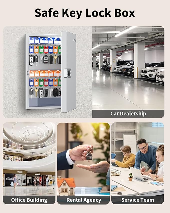 Uniclife Key Lock Box, Wall Mount Key Box, Car Key Organizer with Writable Key Racks and Tags, 32-Key Combo Lock, White, Security Key Holder Storage Box for Office, Company