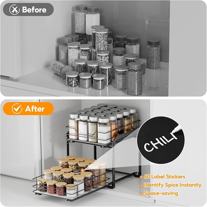 Pull Out Spice Organization for Cabinets, 2 Tier Pull Out Spice Rack, Slide Out Spice Rack Organizer for Cabinet, Spice Rack for Inside Cabinets, with Labels, 9" W×10.5" D×9" H, Black
