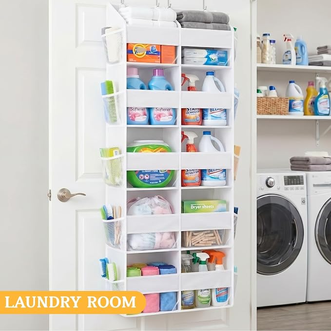 Over The Door Organizer 5 Tiers, Extra Large Behind Door Storage of 10 Compartments, 80 lbs Weight Capacity Hanging Storage Organizer with Clear Window Kids Toys, Shoes,Diapers, Room Storage, White