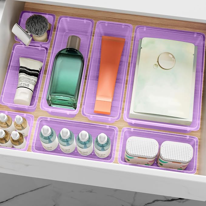 12 PCS Drawer Organizer Set, Makeup Organizers, Tool Storage Trays, Pueple | 4 Sizes, Plastic, Stackable, Multiple Gadgets, Desk Drawer Divider Organizers, for Makeup, Office Supplies Storage