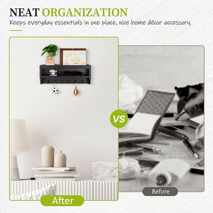 Nekon Key Holder Wall Mount, 12.8" W x 5.6" H x 3.7" D Wall Mounted Key and Mail Organizer with 6 Key Hooks, Key Racks for Home Entryway Decor (Black)