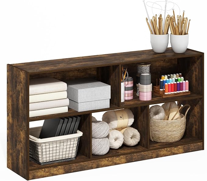 5-Cube Bookshelf, Horizontal Bookcase, Cube Storage Organizer & Book Shelf, 10.9 x 47.2 x 23.6, for Home Office, Living Room, Bedroom, Amber Pine