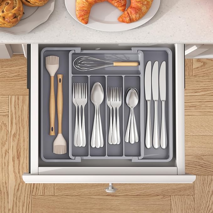 Lifewit Silverware Drawer Organizer, Expandable Utensil Tray for Kitchen, BPA Free Flatware and Cutlery Holder, Adjustable Plastic Storage for Spoons Forks Knives, 8.5-14 x 12", Gray
