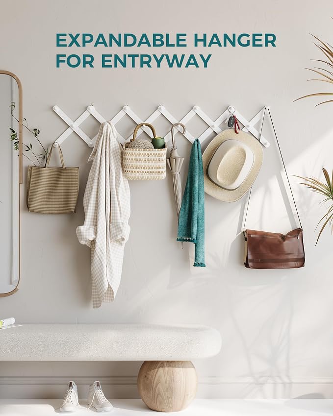 OROPY Accordion Wall Hanger with 20 Pegs, Expandable Wooden Coat & Hat Rack | White Color, Hat Display Rack, X Shape Rack for Coat, Hats, Bags, Baseball Caps, Coffee Mug, Jewelry
