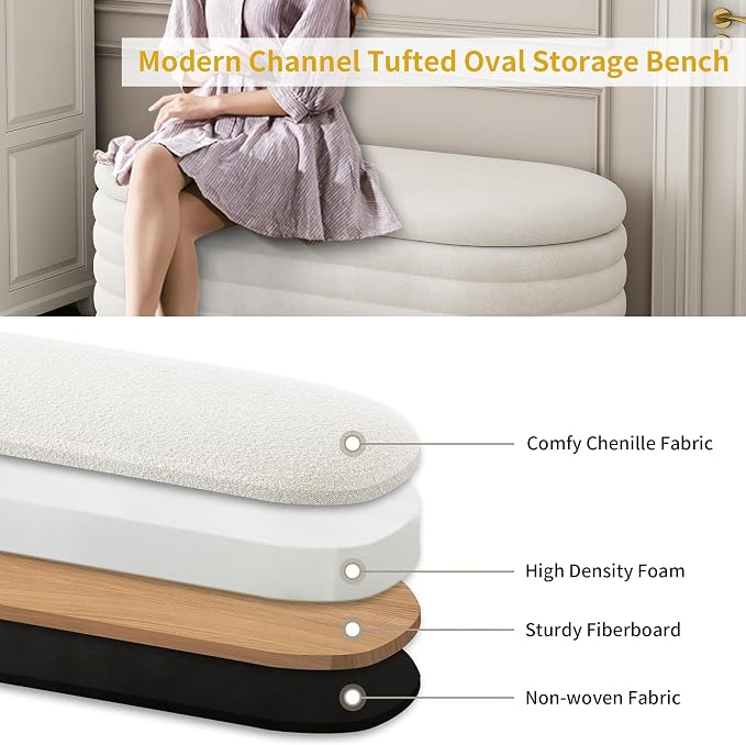 Ball & Cast 40" Oval Ottoman with Storage, Chenille Upholstered Entryway Bench with Safty Hinges for Living Room, End of Bed, No Assembly Required,White