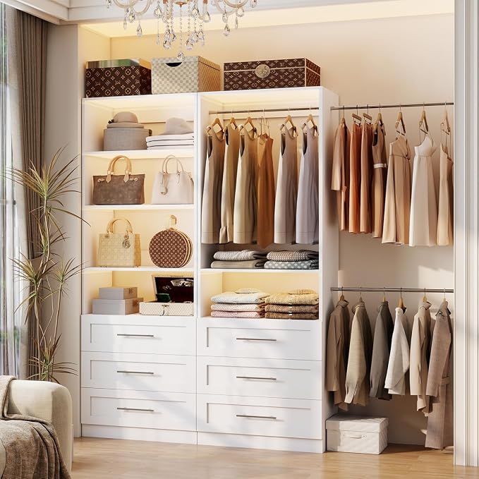 Closet System with 12 Drawers, 96" Wooden Closet Organizer System | 8–21FT Walk-in Storage Modular Closet Systems with 10 Shelves, 6 Expandable Hanging Rods, 4 Sets, Engineered Wood.