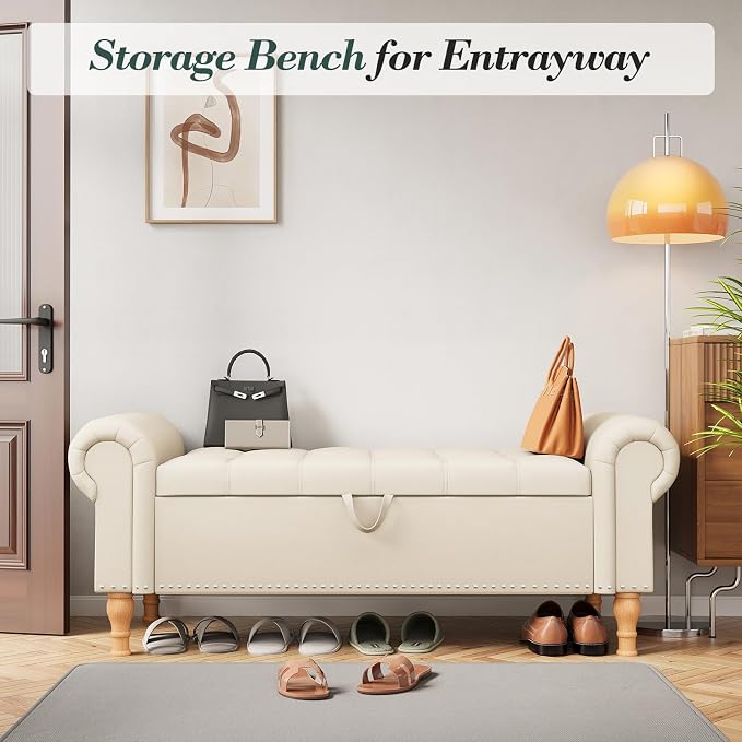Apicizon 51” Bench with Storage, Faux Leather Ottoman Bench with Rolled Arm & Vintage Rivets, End of Bed Bench for Bedroom, Living Room, Entryway, Beige+Natural Legs