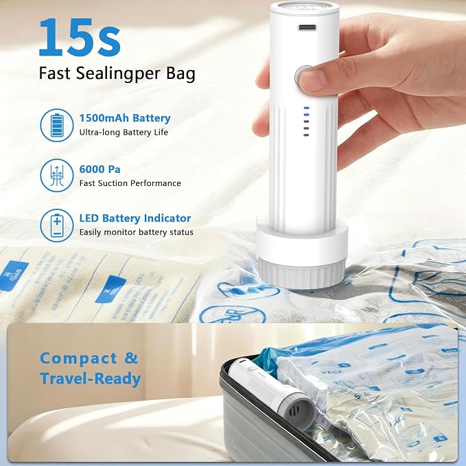 CC Store Travel Electric Vacuum Pump for Vacuum Storage Bags | Travel Air Pump with USB-C Charging , Portable Vacuum Sealer for Clothes , Blankets and Bedding (Bags Not Included)