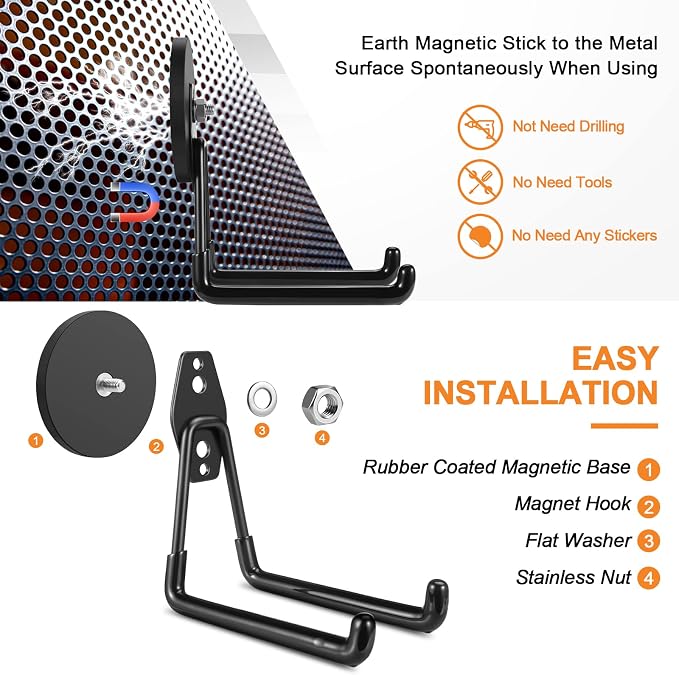 ENUODA Magnetic Hooks Heavy Duty Rare Earth Magnets with Hooks Large Magnetic Tool Holder for Hanging Garden Tools, Drills, Shovels, Brooms, Hoses, Extension Cord, Garage Organization, 4PCS