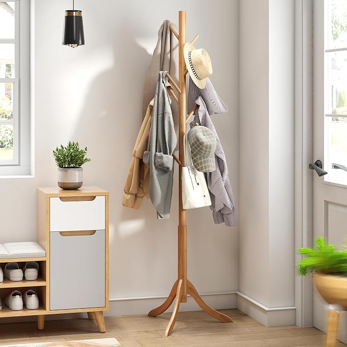 kiplant Coat Rack Freestanding, Bamboo Wood Coat Stand with 8 Hooks,3 Adjustable Size,Easy Assembly NO Tools Required, Coat Tree Hanger Stand for CoatsScarves in Hallway