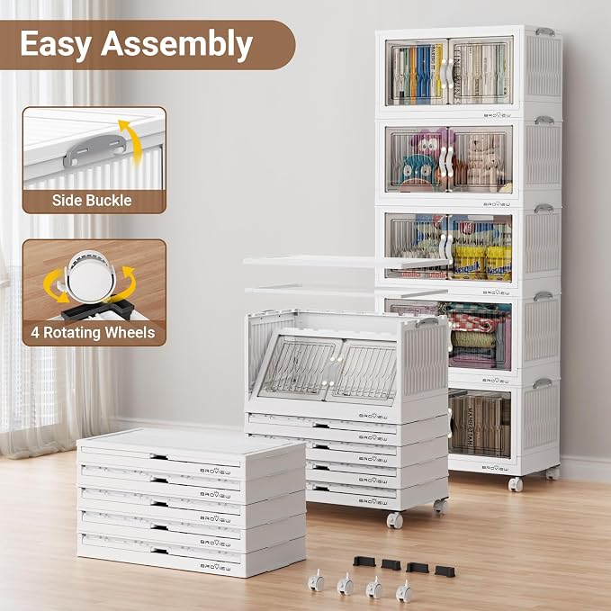 BROVIEW 300 Qt Stackable Storage Bins with Lid, Plastic Closet Organizers and Storage Drawer, Collapsible Storage Box with Wheels, Folding Storage Cabinet for Closet Clothes Organization, 5Pack White