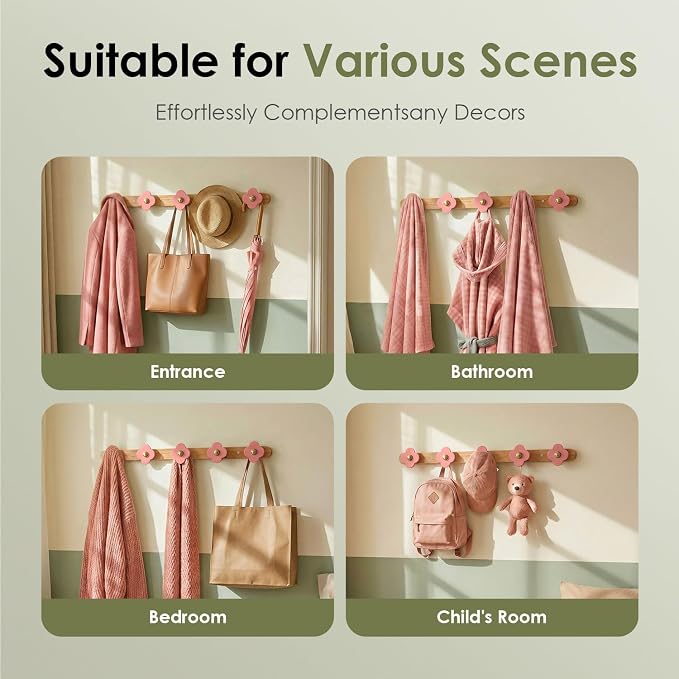 Tindbea Upgreded Heavy Duty Coat Rack Wall Mount for Entryway, Kids' Room | Cheery Wood, Pink, 5 Hooks