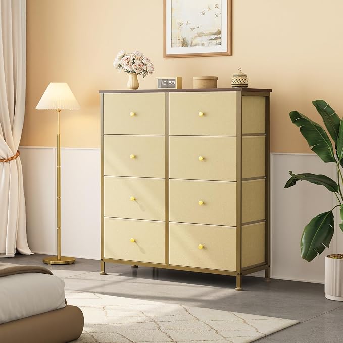 OLIXIS 8 Drawer Storage Dresser for Bedroom, Closet Organizers Units, Khaki | Fabric Dresser with Wooden Top, Chest of Drawers Clothes Storage, Tower Cabinet, TV Stand Furniture