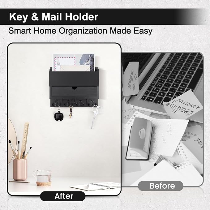 Mail and Key Holder Wall Mount with Storage Drawer & Chalkboard Panel | Modern Wooden Mail Organizer for Wall Entryway, 7 key hooks, Stylish Home Decor for Apartments, Living Room, Office