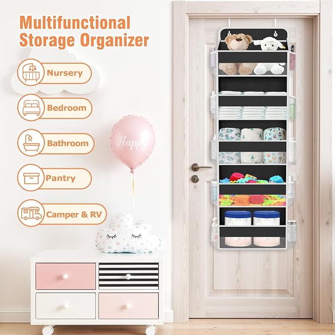 Over The Door Organizer Storage Large Capacity Hanging Bedroom Storage | 5 Shelves, 40 LB Capacity, Foldable Mesh Design, Clear Window, Sturdy, Large Storage Organizer for Nursery, Pantry & Closet