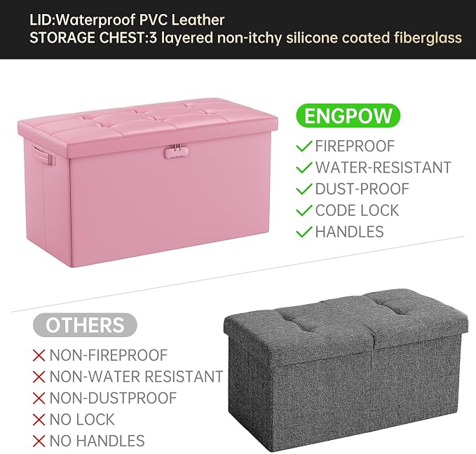 ENGPOW Storage Ottoman Bench,Fireproof Folding Bench with Lock,30 Inches Fire&Water Resistant Storage Chest Foot Rest Stool Leather Bedroom Ottoman Safe for Documents,Valuables, Pink